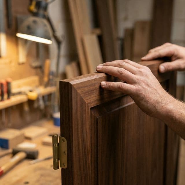 Craftsman inspecting premium walnut wardrobe finish